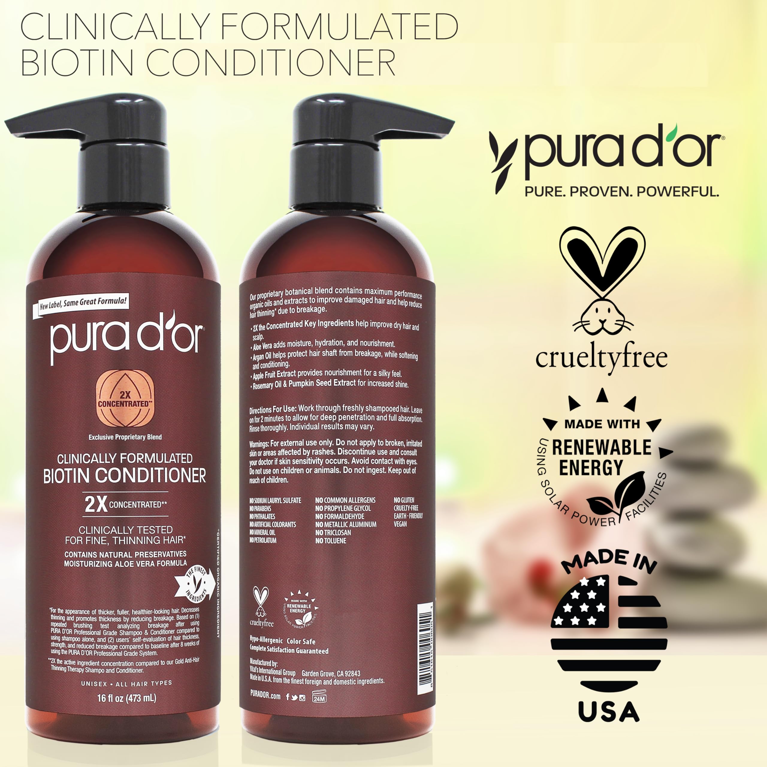 PURA D'OR box packaging display emphasizes cruelty-free and sulfate-free formula.