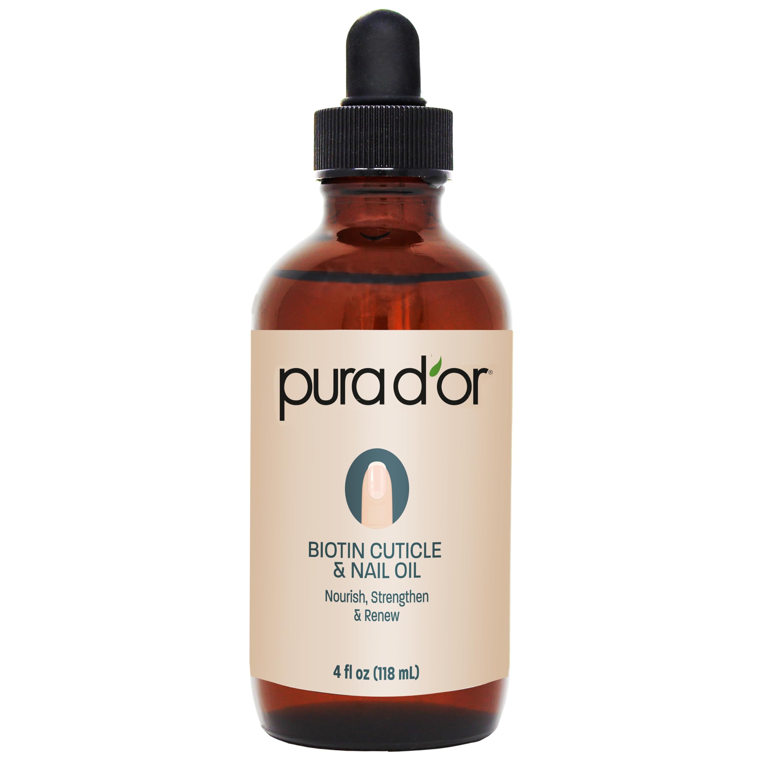 PURA D'OR Biotin Cuticle Nail Oil bottle shows a nourishing formula for stronger nail growth