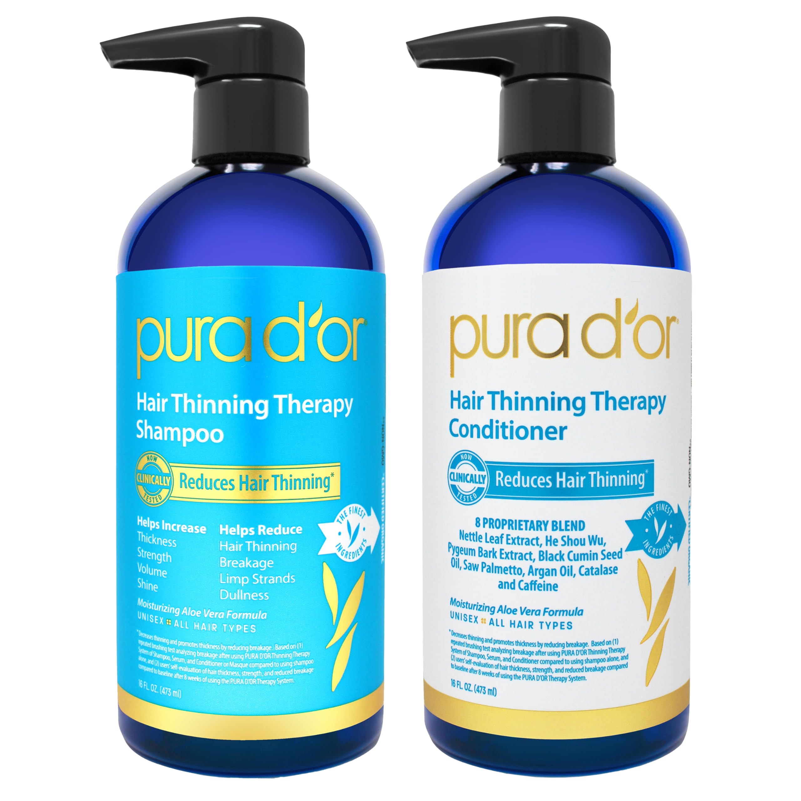 Pura Dor hair thinning therapy shampoo bottle highlighting biotin blend for volume