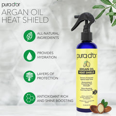 Pura D’or heat shield spray applied to hands detangling and protecting hair during styling