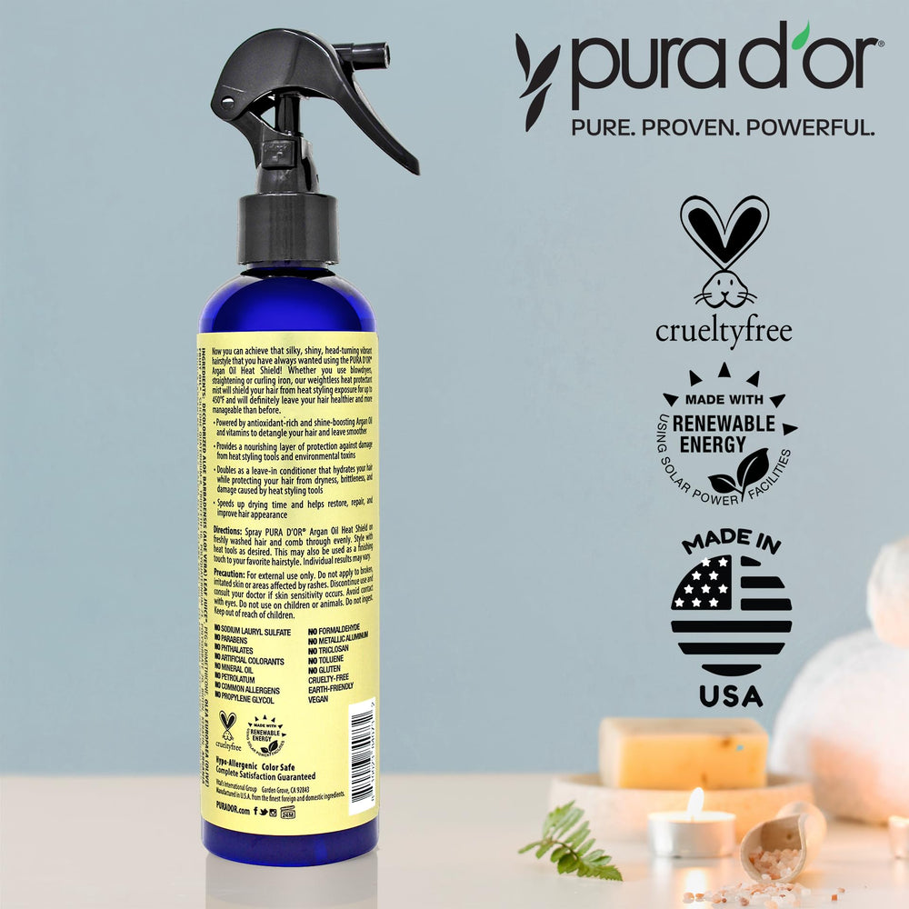 Pura D’or heat shield mist on dry hair ready to style with added shine