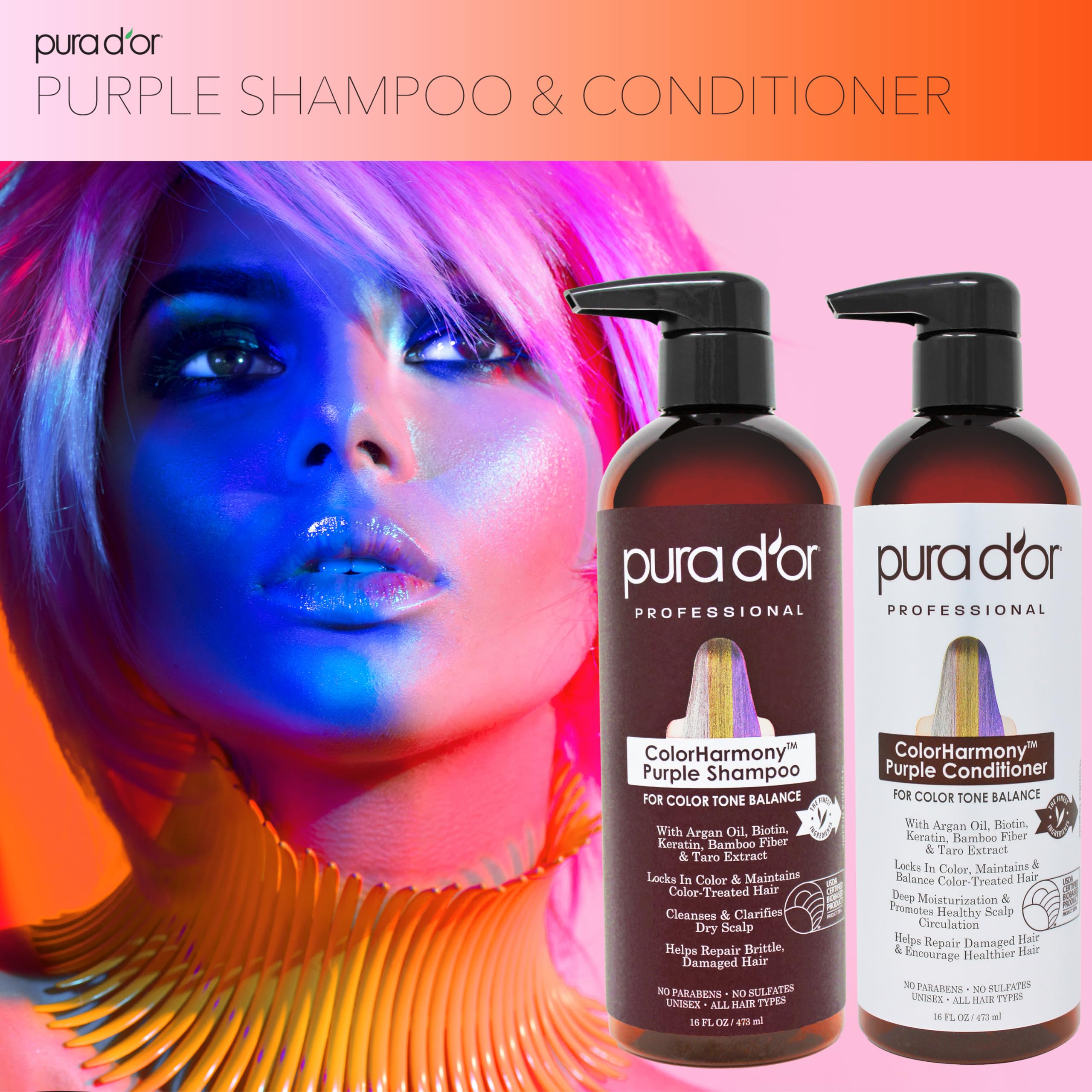 PURA D'OR purple shampoo with keratin support for strand strength.