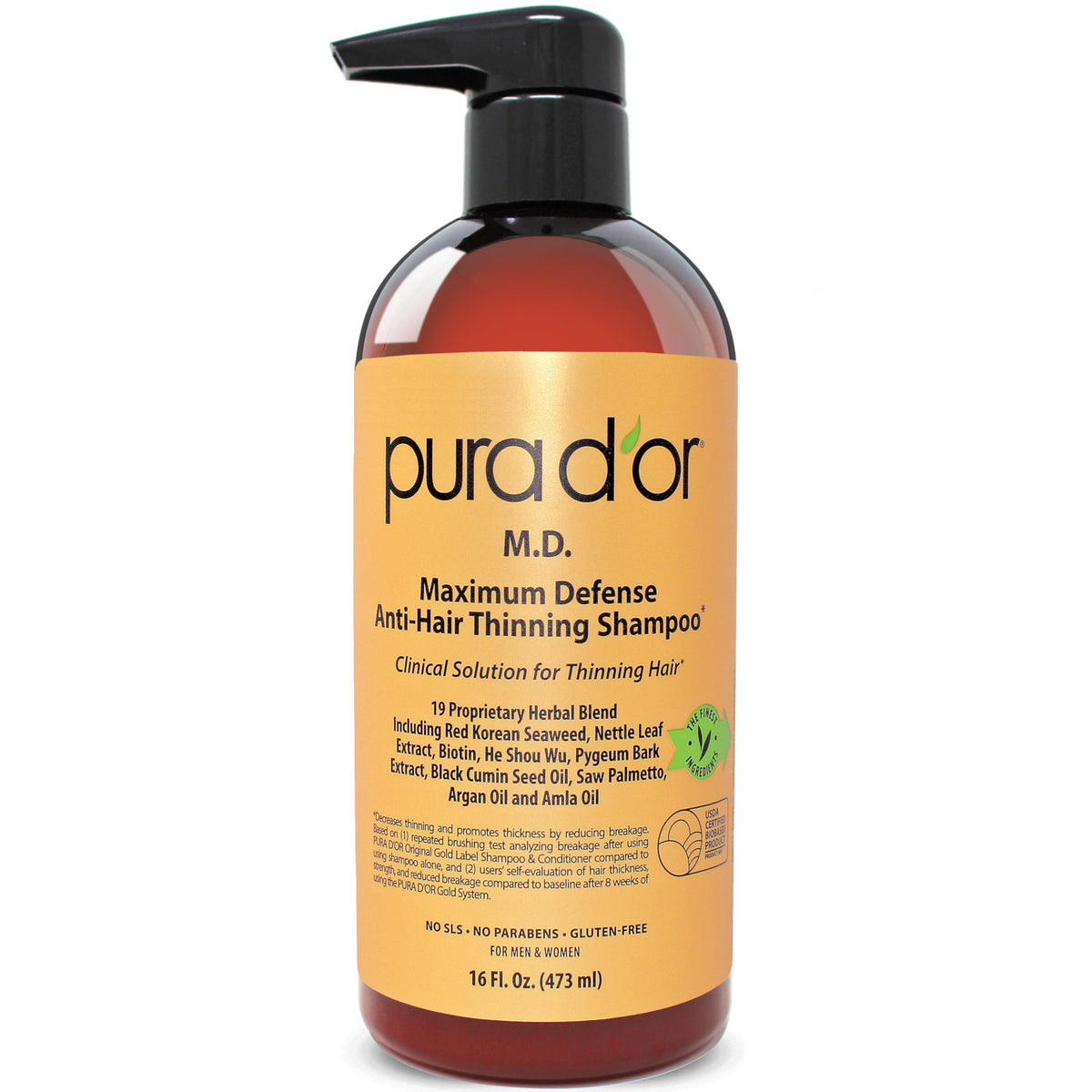 PURA D'OR Maximum Defense coal tar shampoo bottle showing its premium blend for scalp care