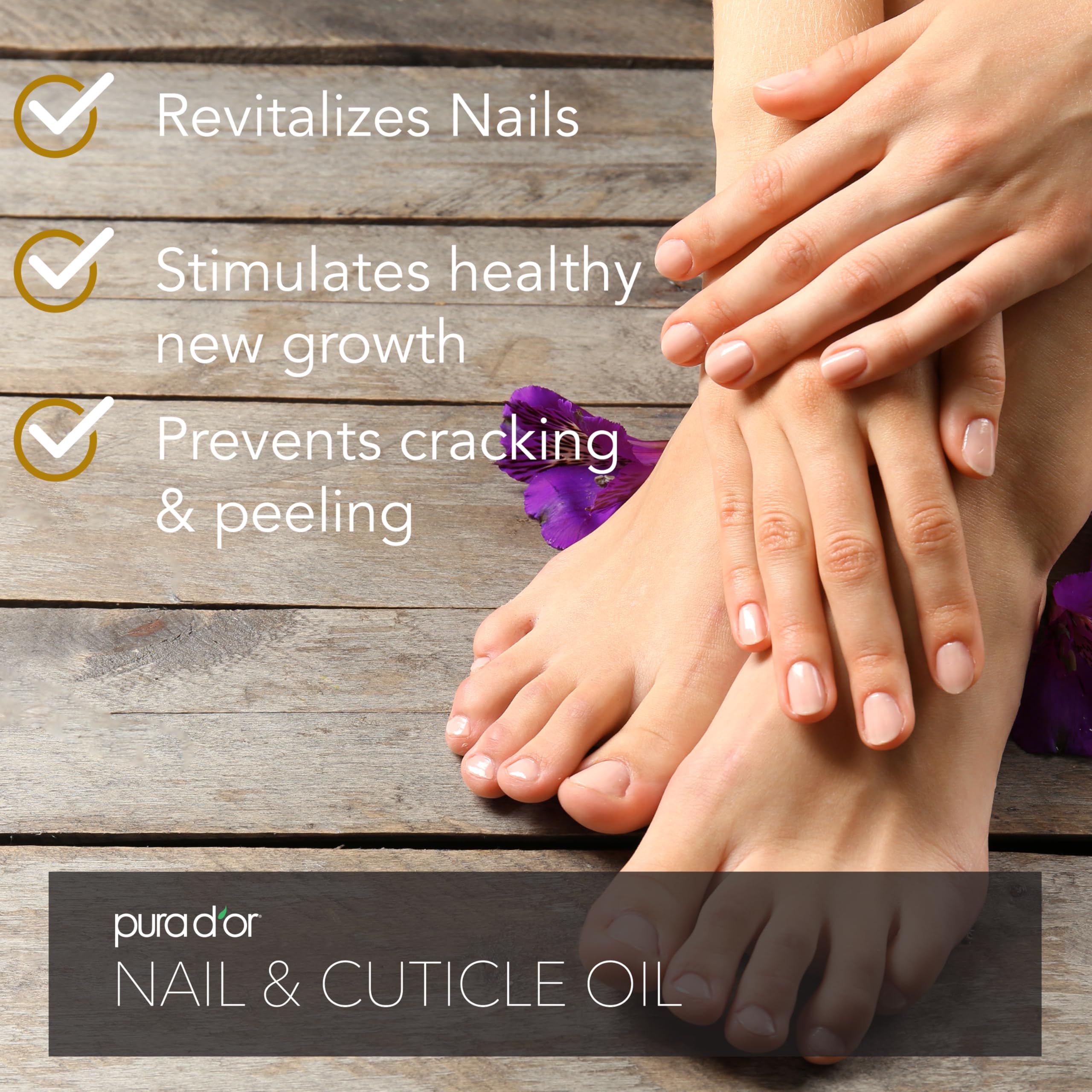 PURA D'OR cuticle oil for acrylic nails in-use photo demonstrates hydration between applications
