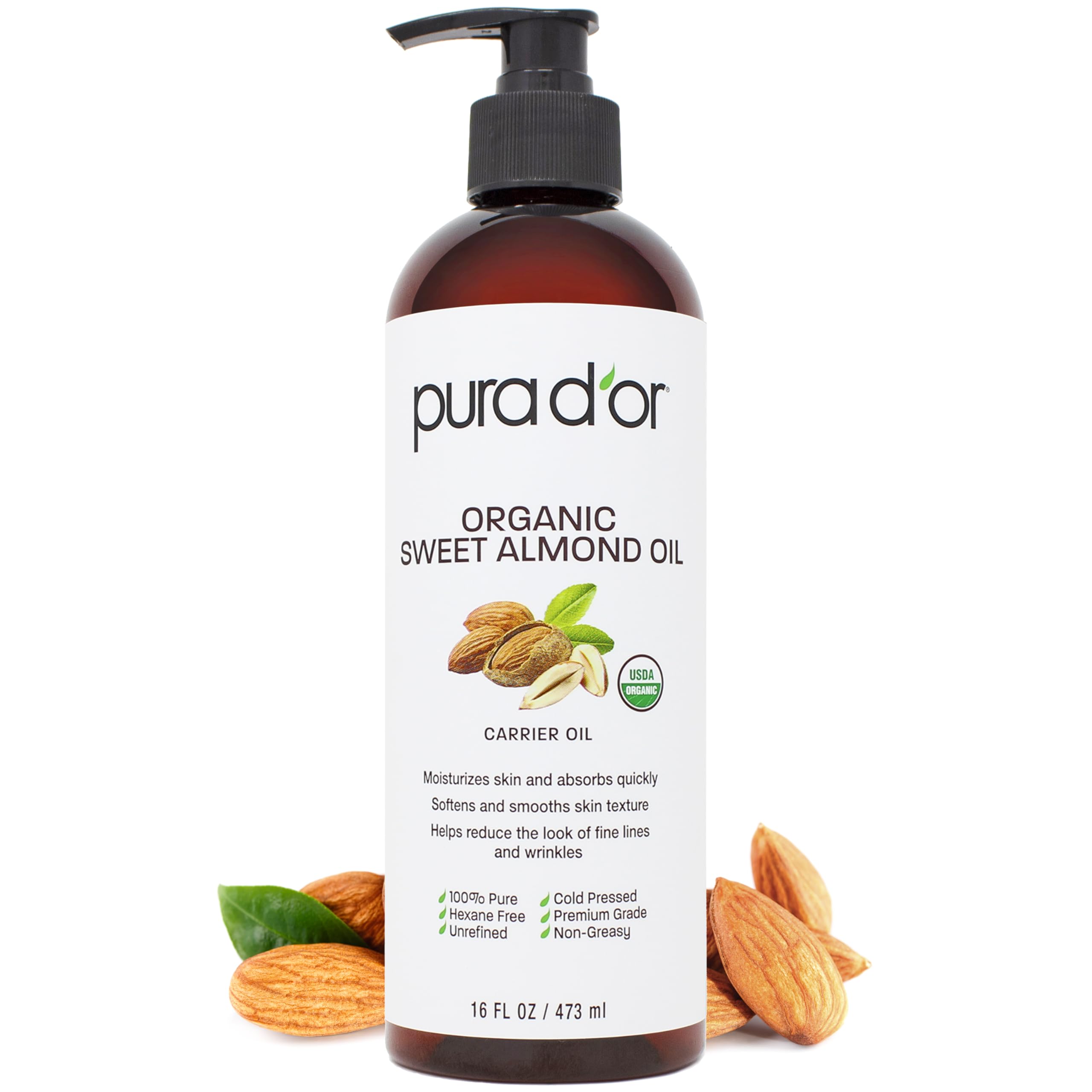 PURA D'OR Organic Sweet Almond Oil bottle demonstrates non-greasy moisturizing benefits.