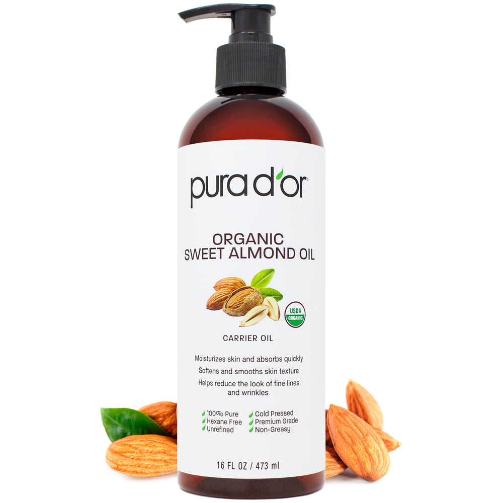 PURA D'OR Organic Sweet Almond Oil bottle demonstrates non-greasy moisturizing benefits.