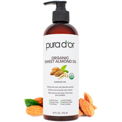 PURA D'OR Organic Sweet Almond Oil bottle demonstrates non-greasy moisturizing benefits.