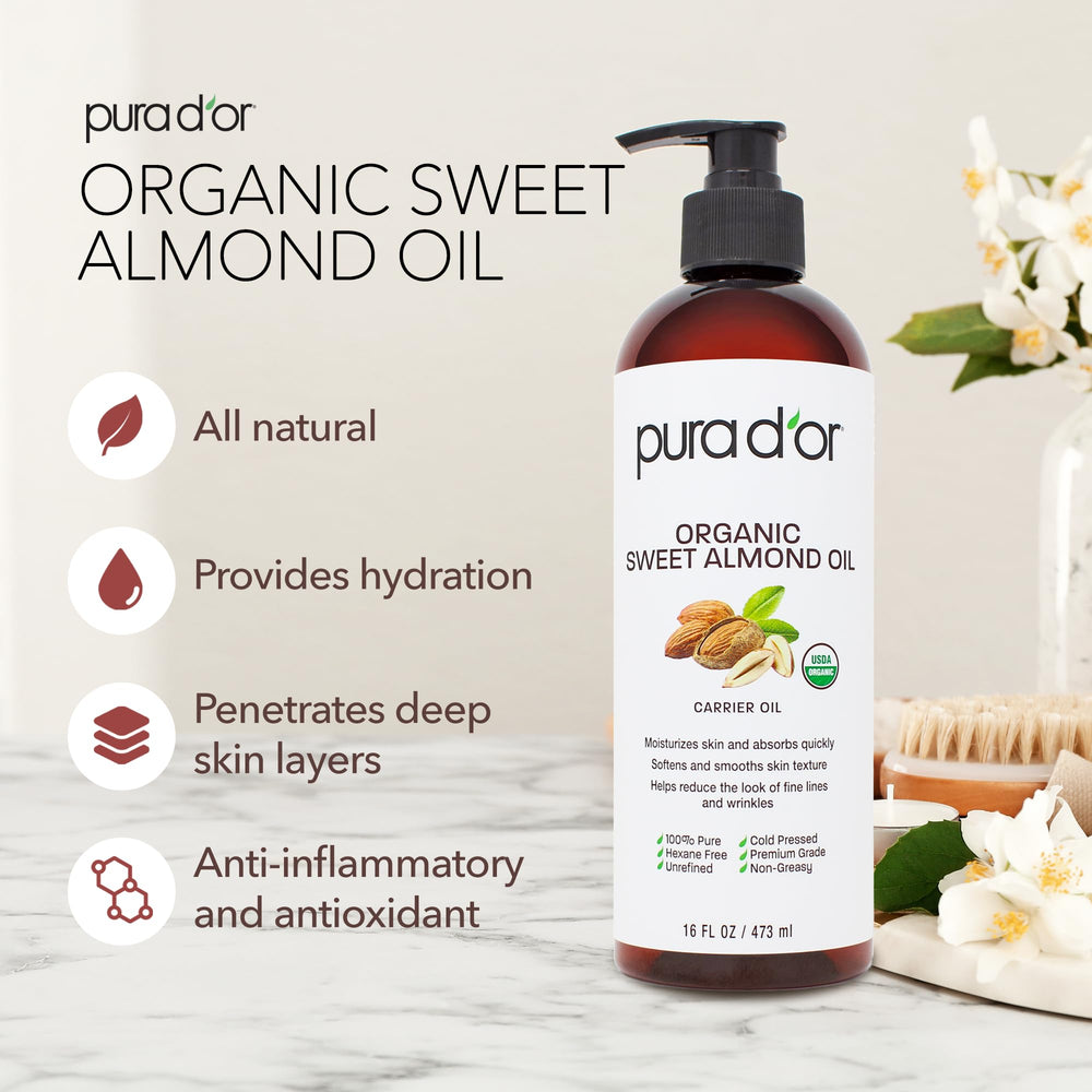 PURA D'OR almond oil label closeup highlights antioxidant vitamins E and A.