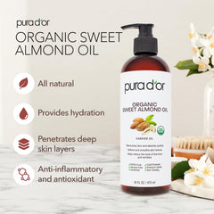 PURA D'OR almond oil label closeup highlights antioxidant vitamins E and A.