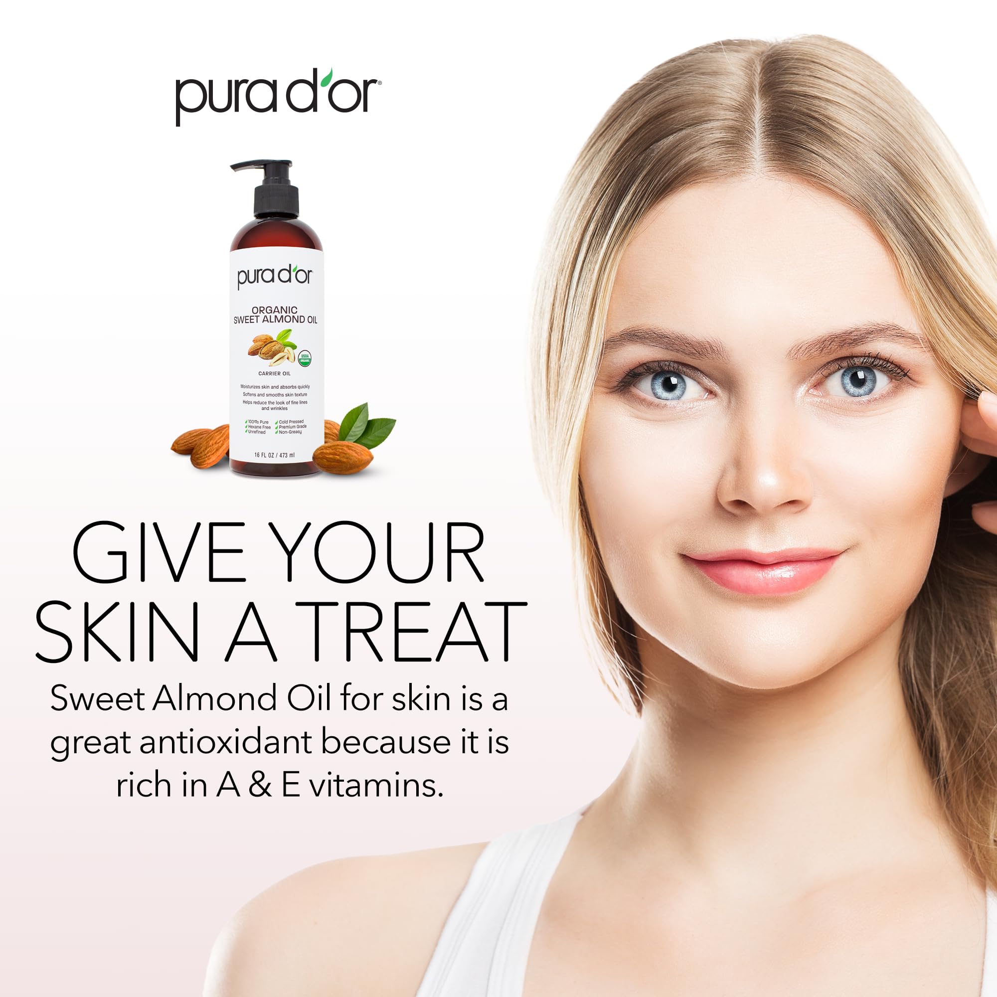 PURA D'OR Organic Sweet Almond Oil on skin conveys lightweight hydration.