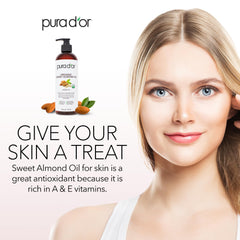 PURA D'OR Organic Sweet Almond Oil on skin conveys lightweight hydration.