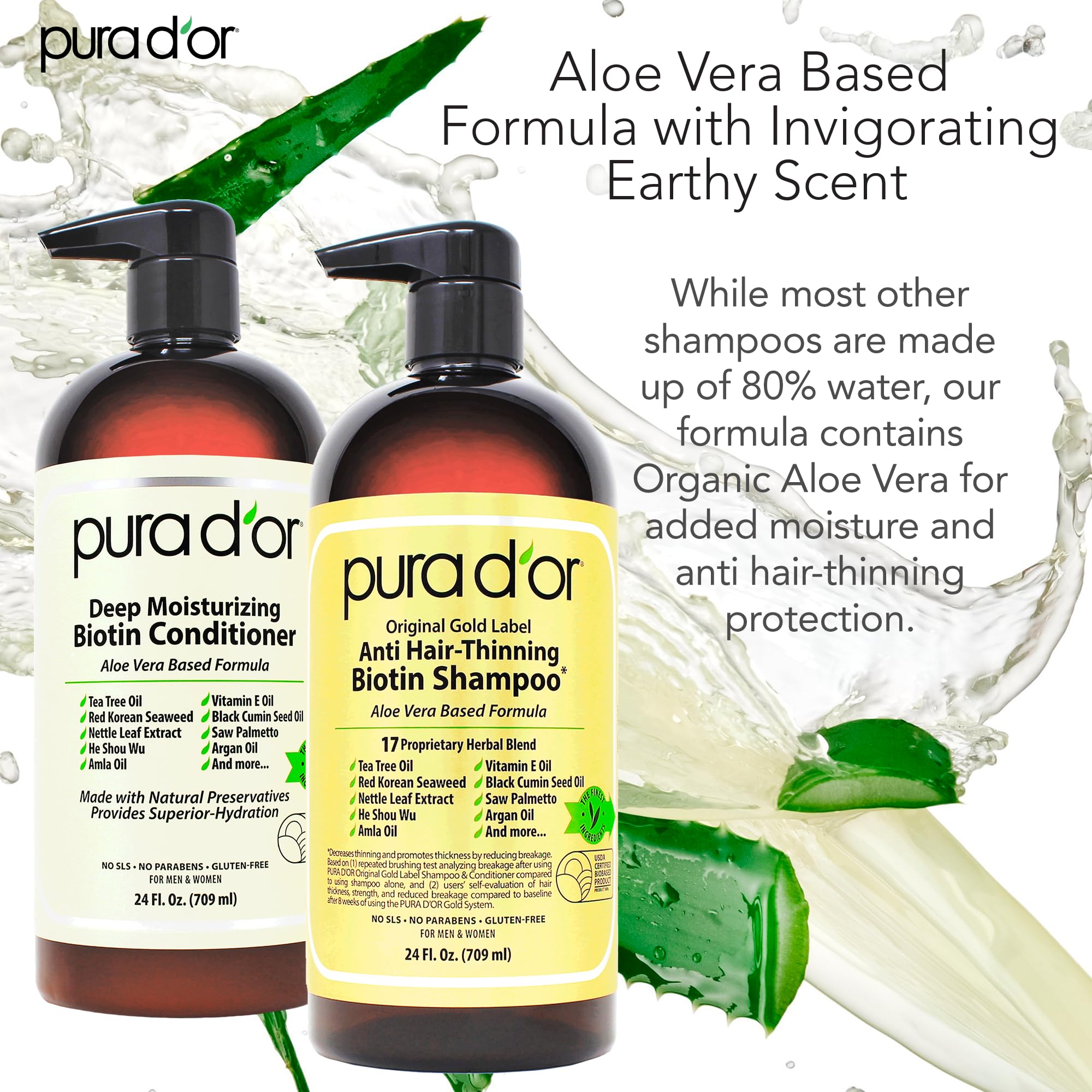 PURA D'OR Original Gold Label conditioner closeup showing organic aloe base for gentle care.