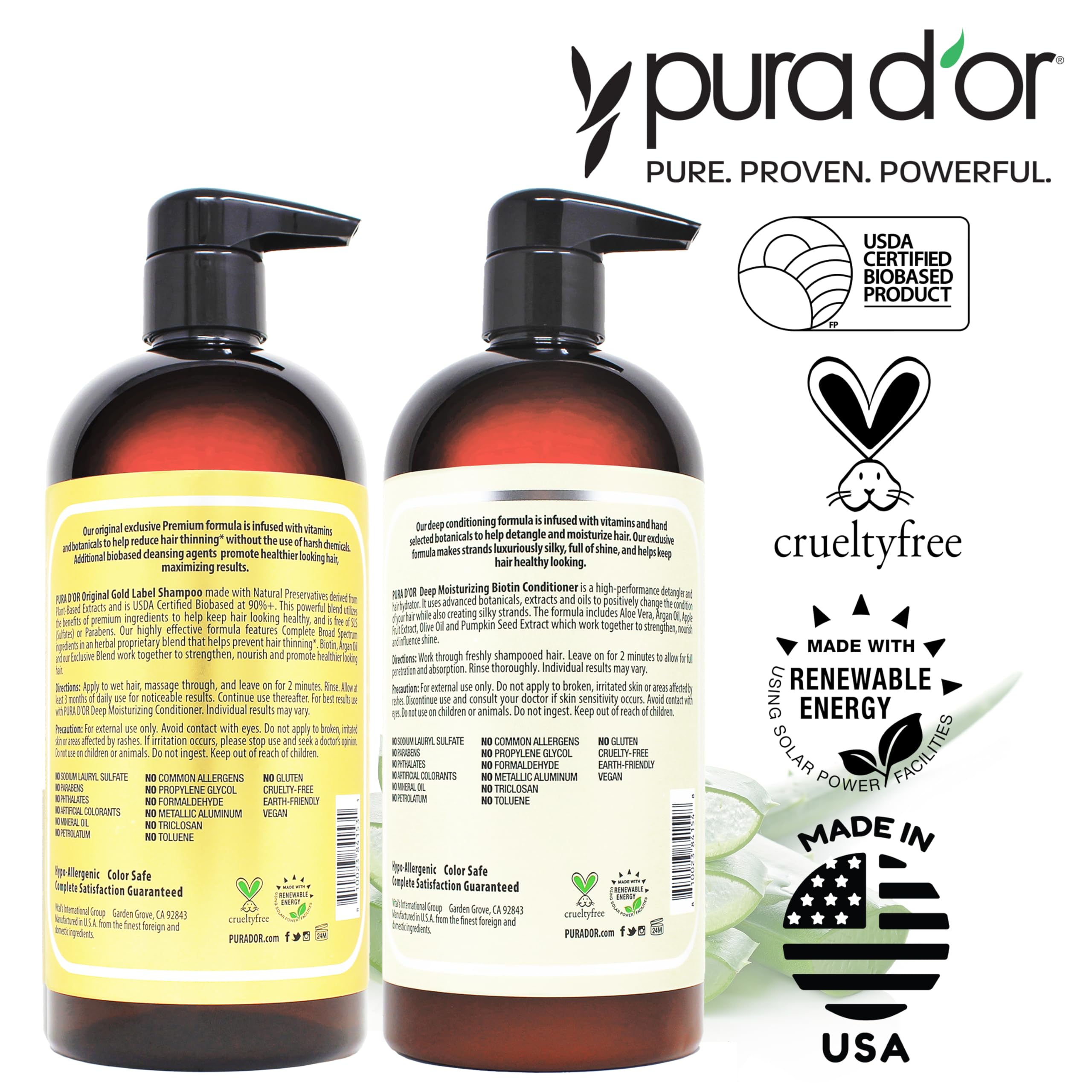 PURA D'OR packaging on shelf emphasizes cruelty-free and sustainable production.