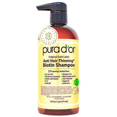 PURA D'OR Original Gold Label Shampoo bottle on bathroom shelf for fuller-looking hair