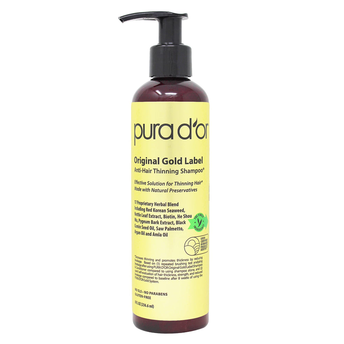 PURA DOR Original Gold Label shampoo bottle with anti-thinning formula for fuller-looking hair.