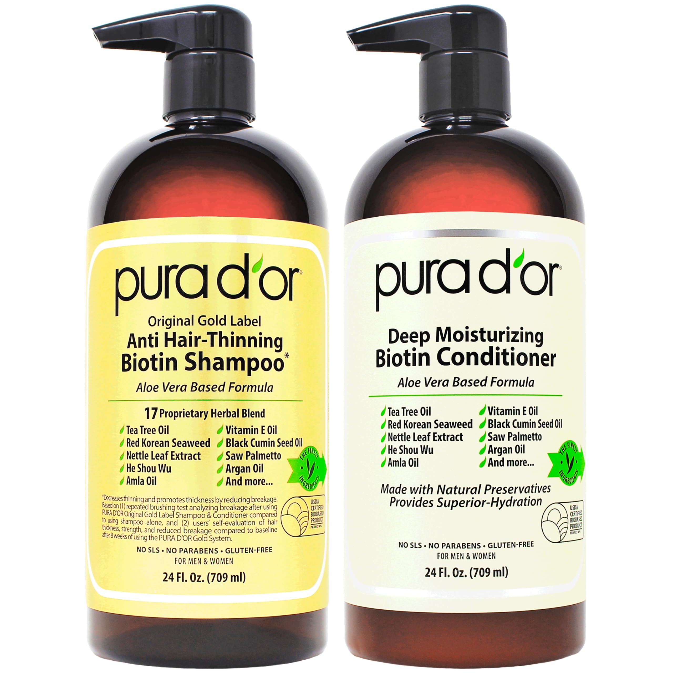 PURA D'OR Original Gold Label shampoo bottle with biotin supporting thicker-looking hair.