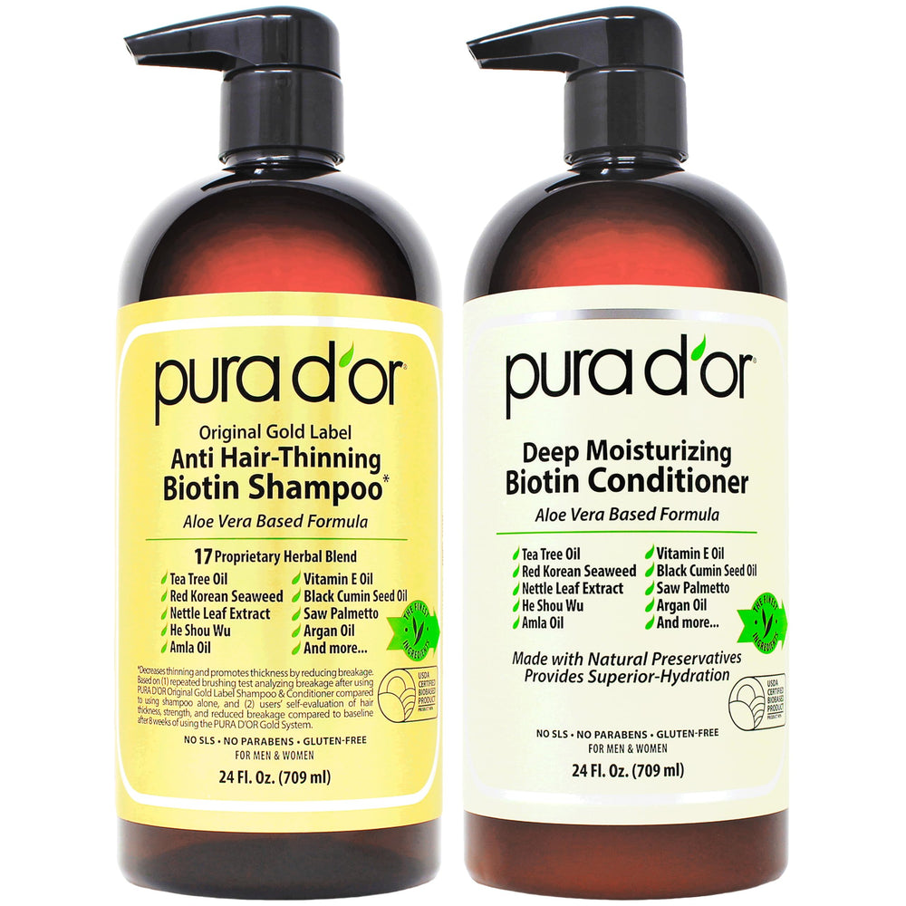 PURA D'OR Original Gold Label shampoo bottle with biotin supporting thicker-looking hair.