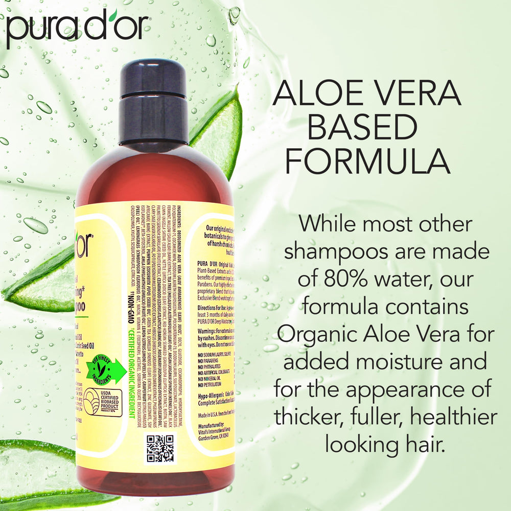 PURA D'OR Original Gold Label Shampoo for men and women delivering soft fuller-looking hair