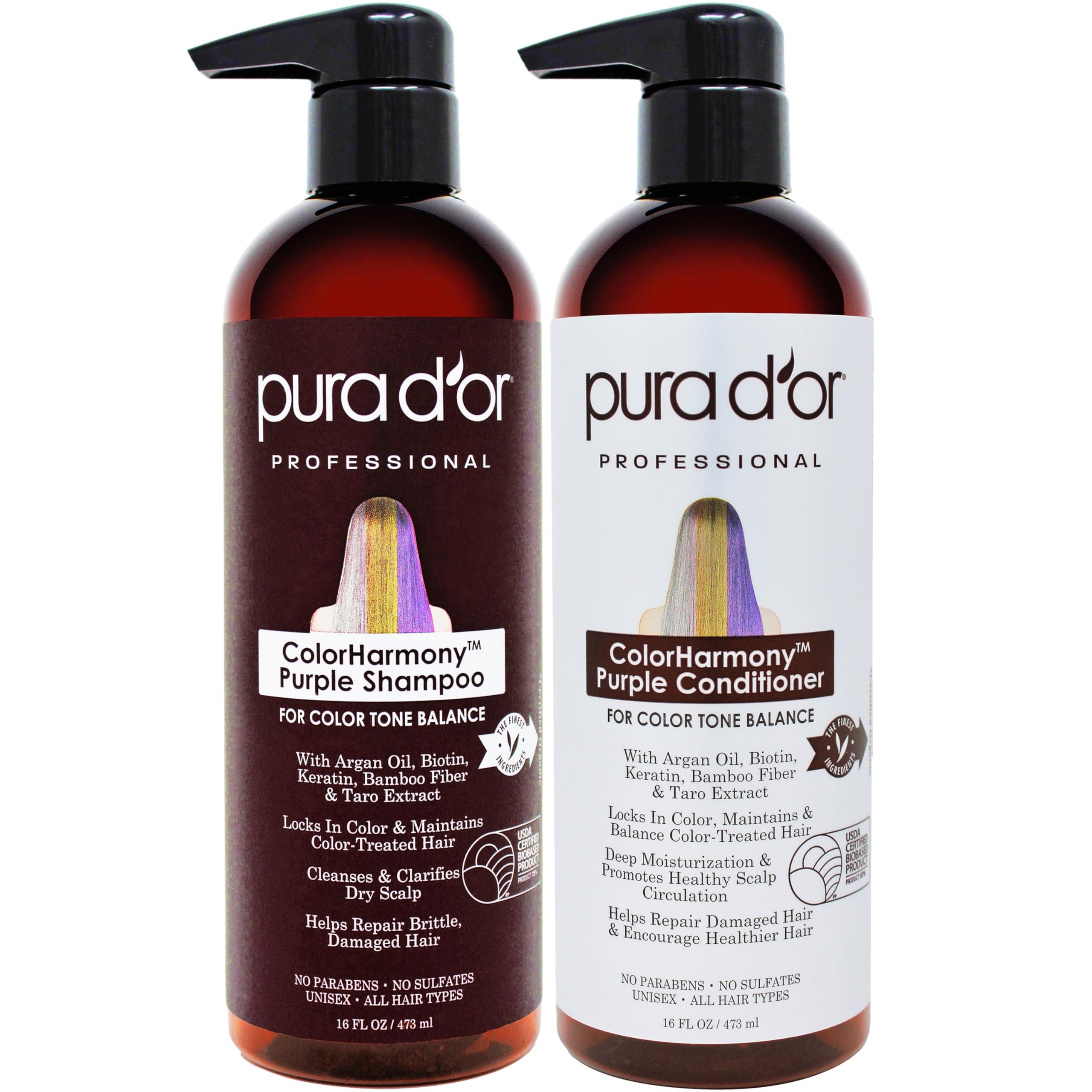 PURA D'OR purple shampoo bottle highlighting violet tone to maintain blonde and silver color.
