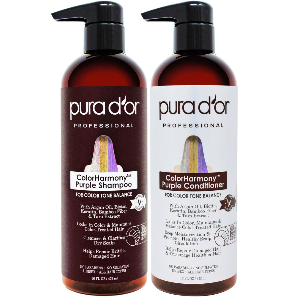 PURA D'OR purple shampoo bottle highlighting violet tone to maintain blonde and silver color.