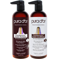 PURA D'OR purple shampoo bottle highlighting violet tone to maintain blonde and silver color.