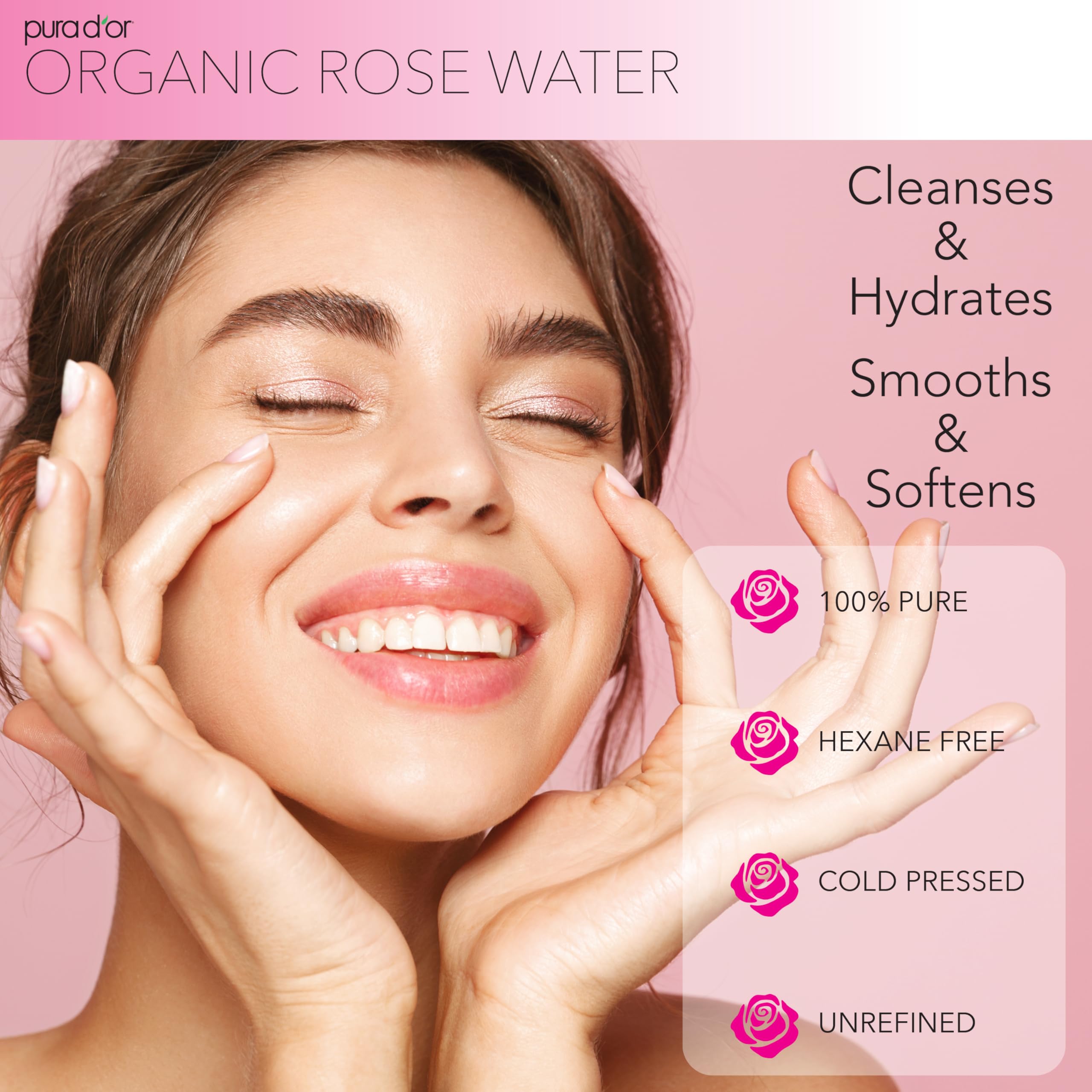 PURA D'OR rose water toner being applied delivers soothing hydration to skin.