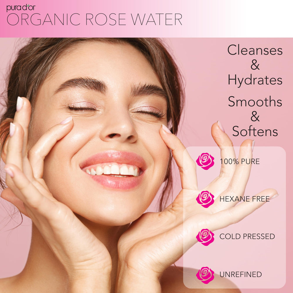 PURA D'OR rose water toner being applied delivers soothing hydration to skin.