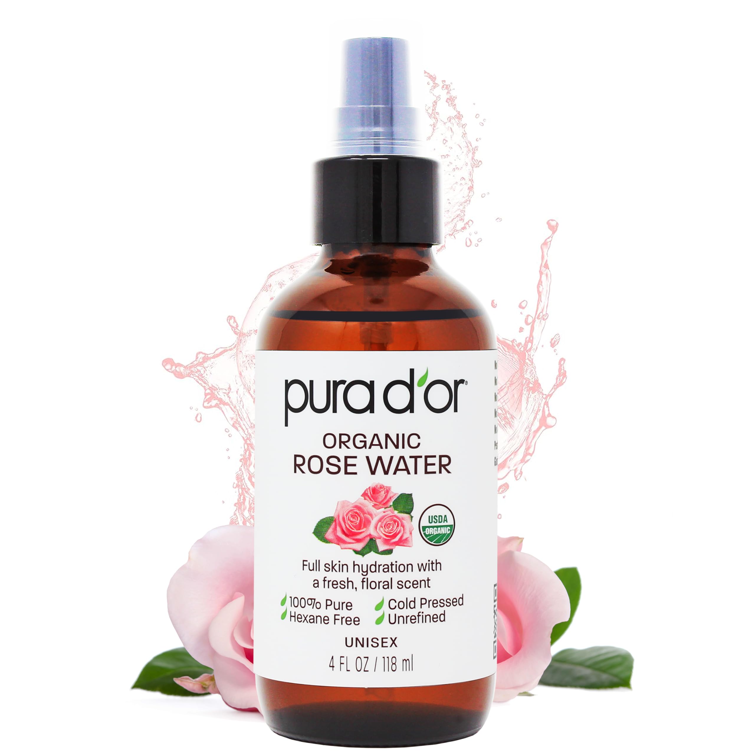 PURA D'OR rose water toner bottle for gentle hydration and balanced skin.