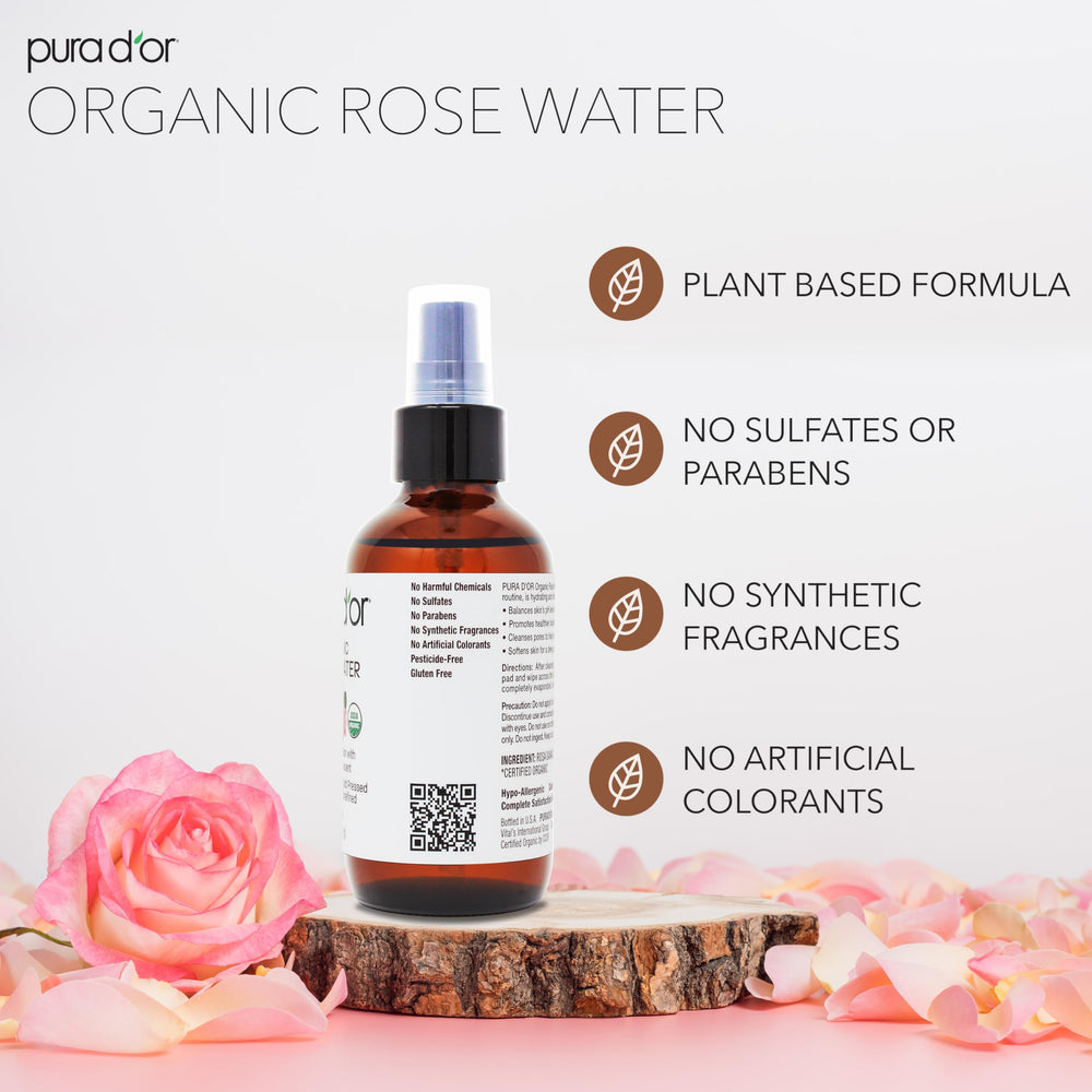 PURA D'OR rose water toner close-up ingredients showcasing antioxidants and hydration.
