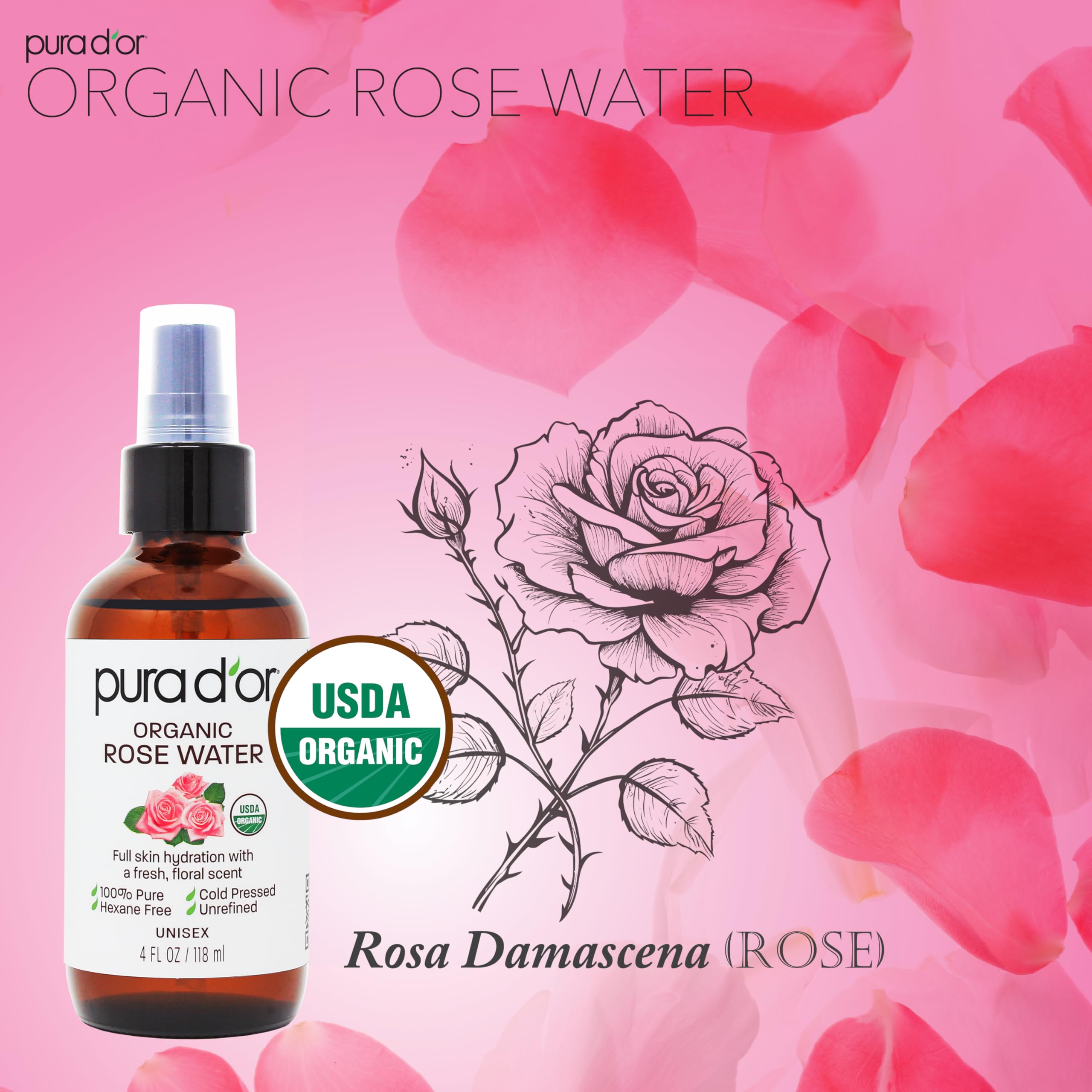 PURA D'OR rose water toner label close-up emphasizing organic, cruelty-free skincare.