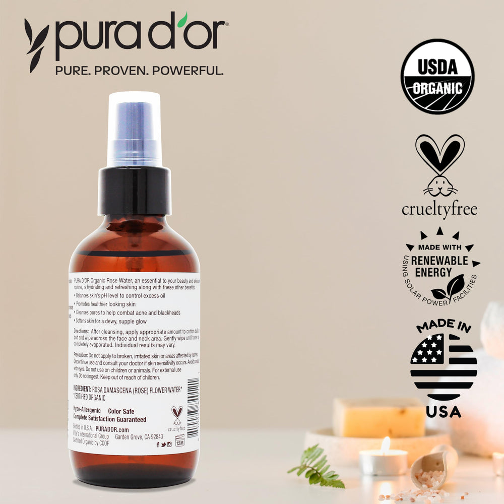PURA D'OR rose water toner packaging demonstrates eco-conscious design for clean beauty.