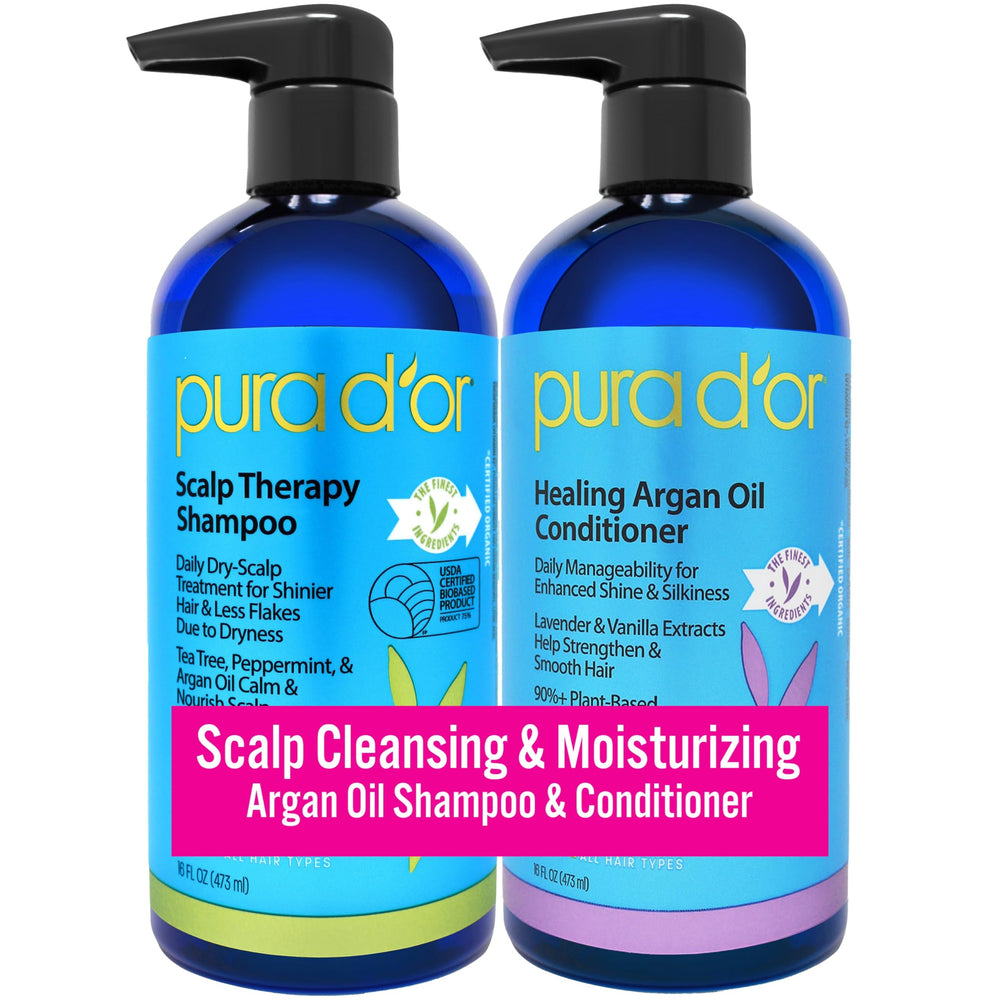 PURA D'OR scalp therapy shampoo bottle close-up showing hydrating tea tree peppermint blend