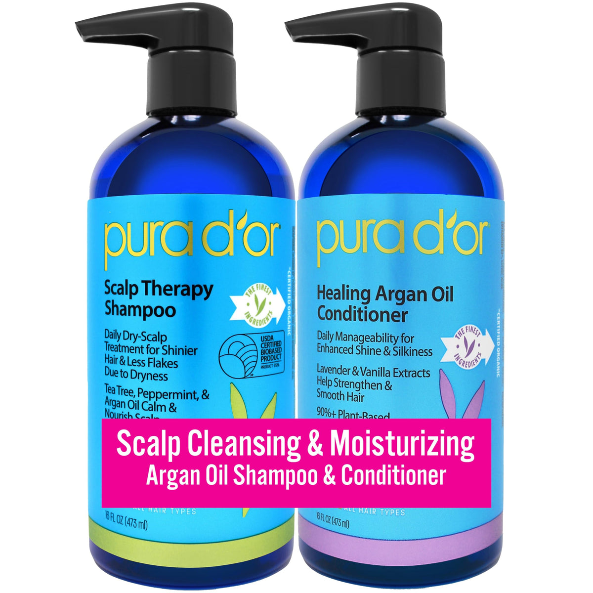 PURA D'OR scalp therapy shampoo bottle close-up showing hydrating tea tree peppermint blend