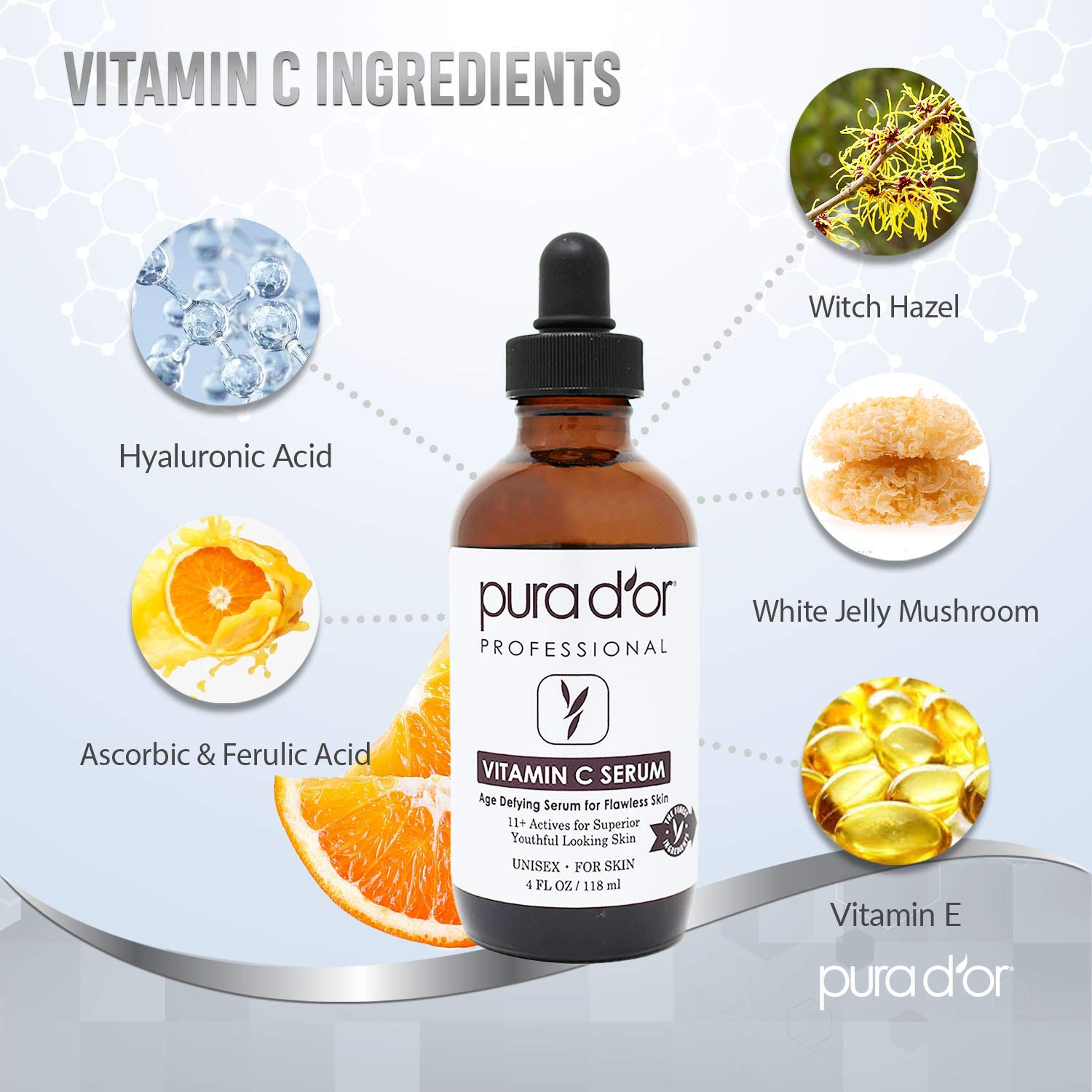 PURA D'OR Serum near eye area for gentle brightening.