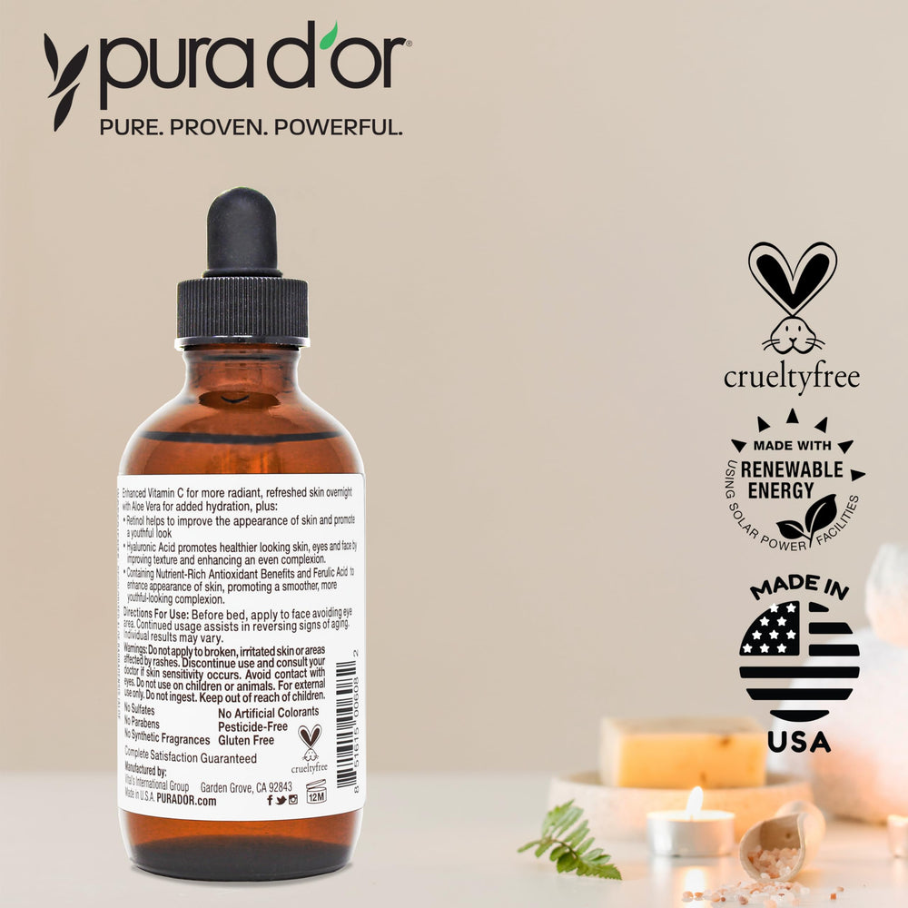 PURA D'OR Overnight hydration scene emphasizes long-lasting moisture.