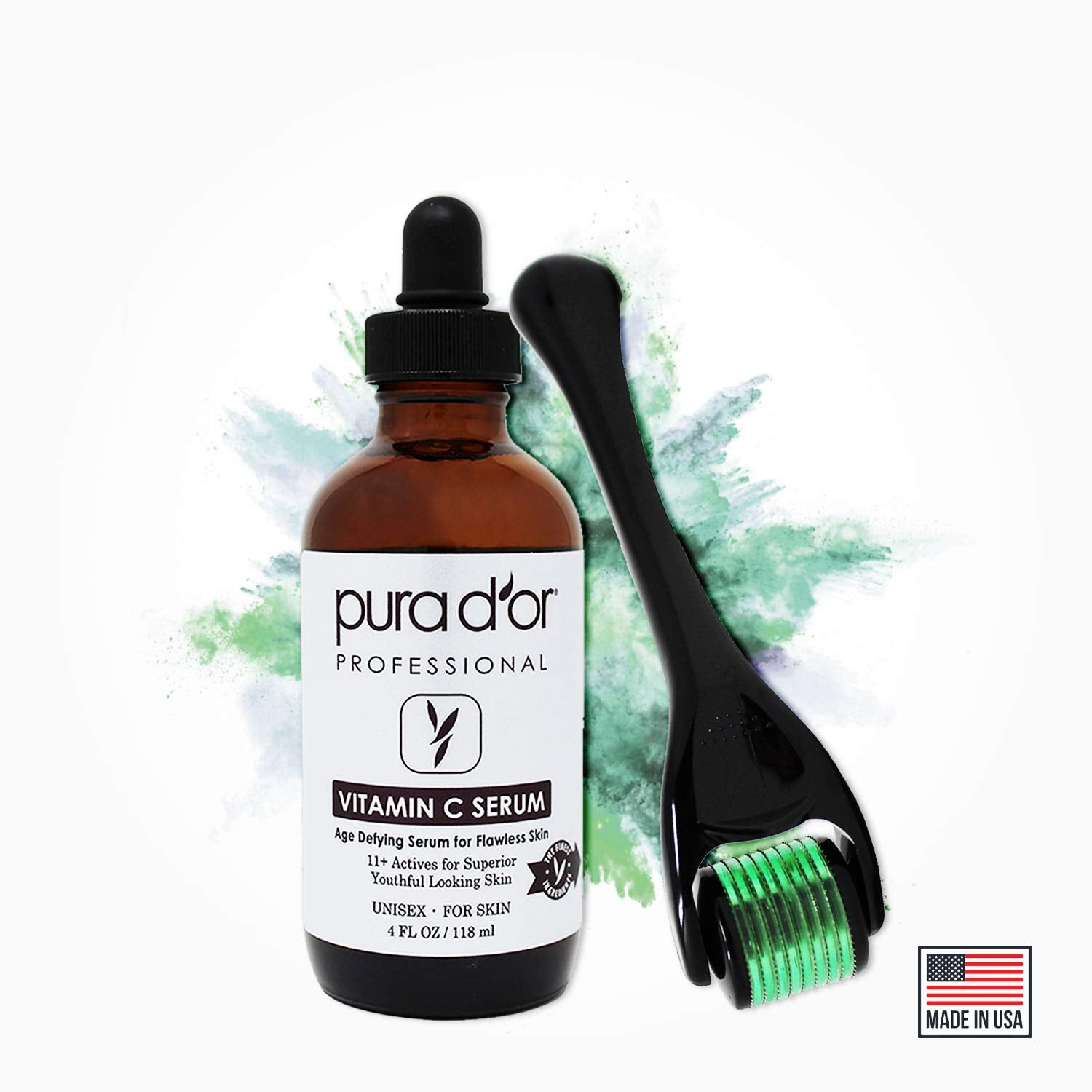 PURA D'OR Skin care routine layout with serum and roller.