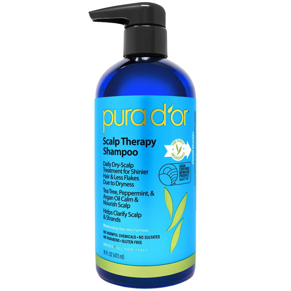 PURA D'OR Therapy Shampoo bottle closeup showing mild scalp care formula