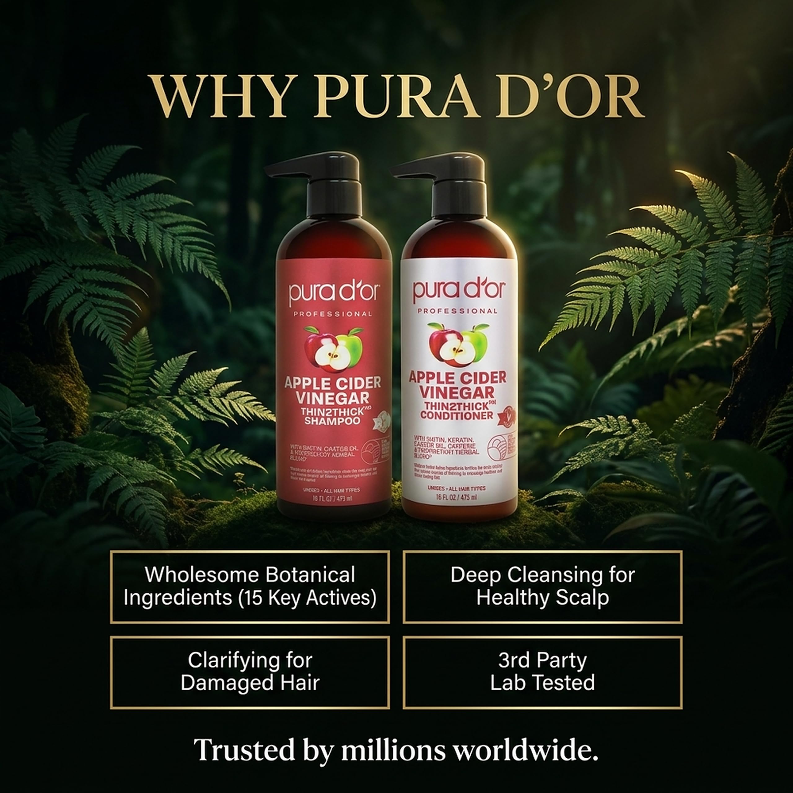 PURA D'OR bottles in hand for scale showing 16oz size and travel convenience