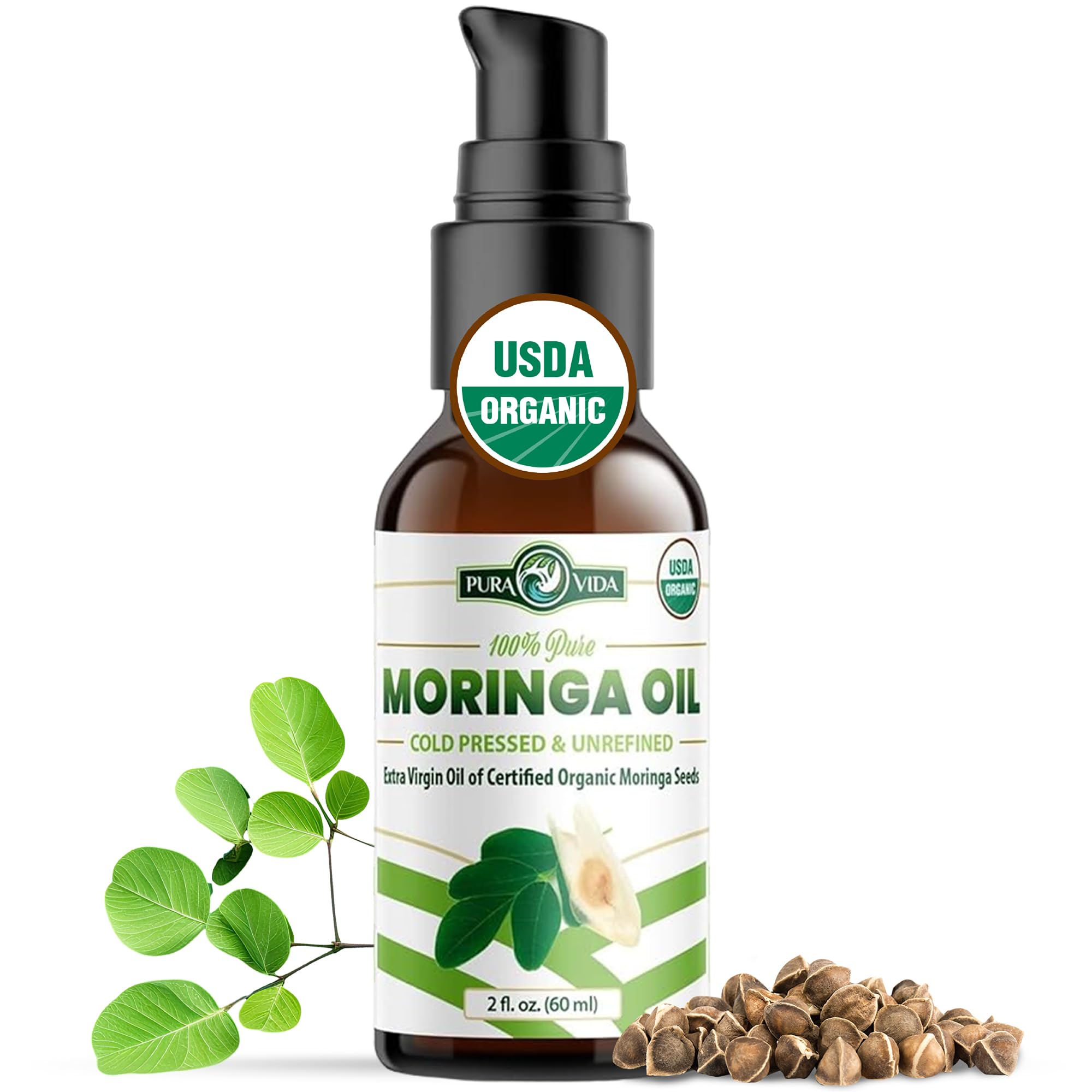 PURA VIDA MORINGA oil bottle with pump for daily skin hydration.
