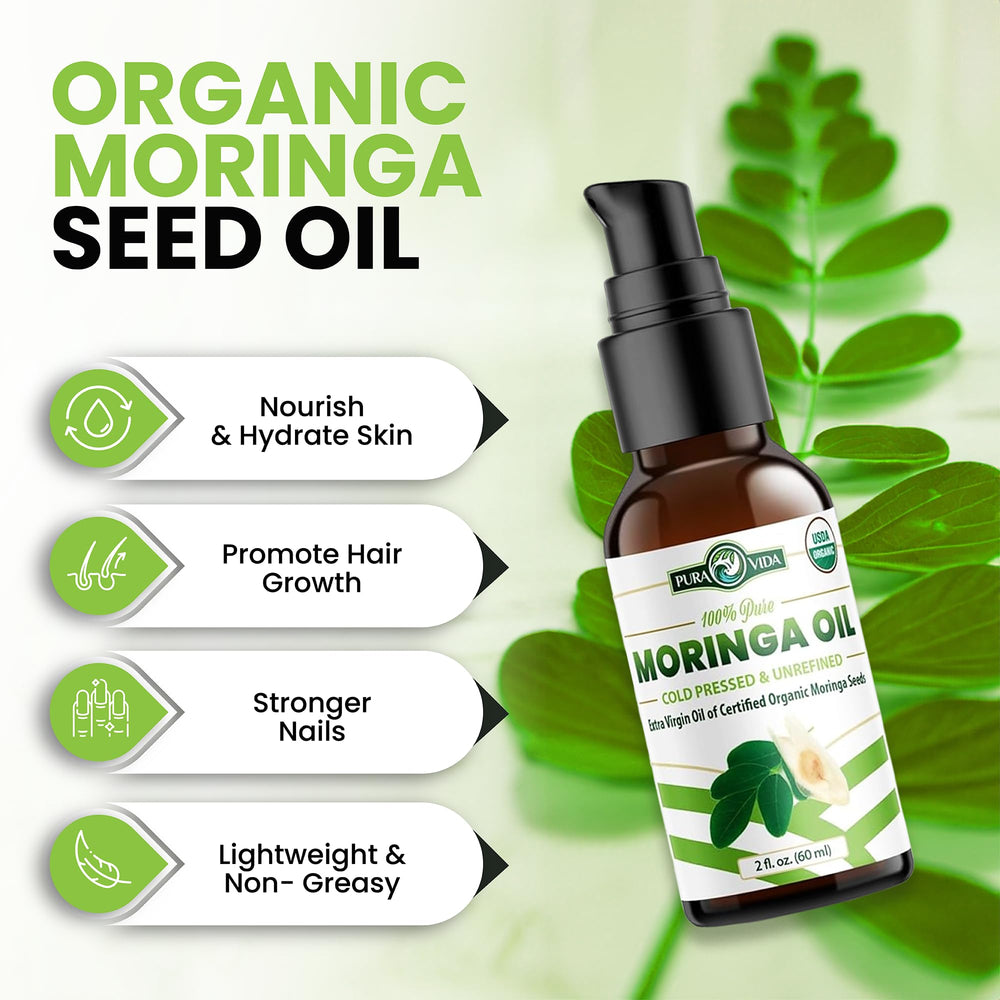 PURA VIDA MORINGA oil applied to hair for nourishment and shine.