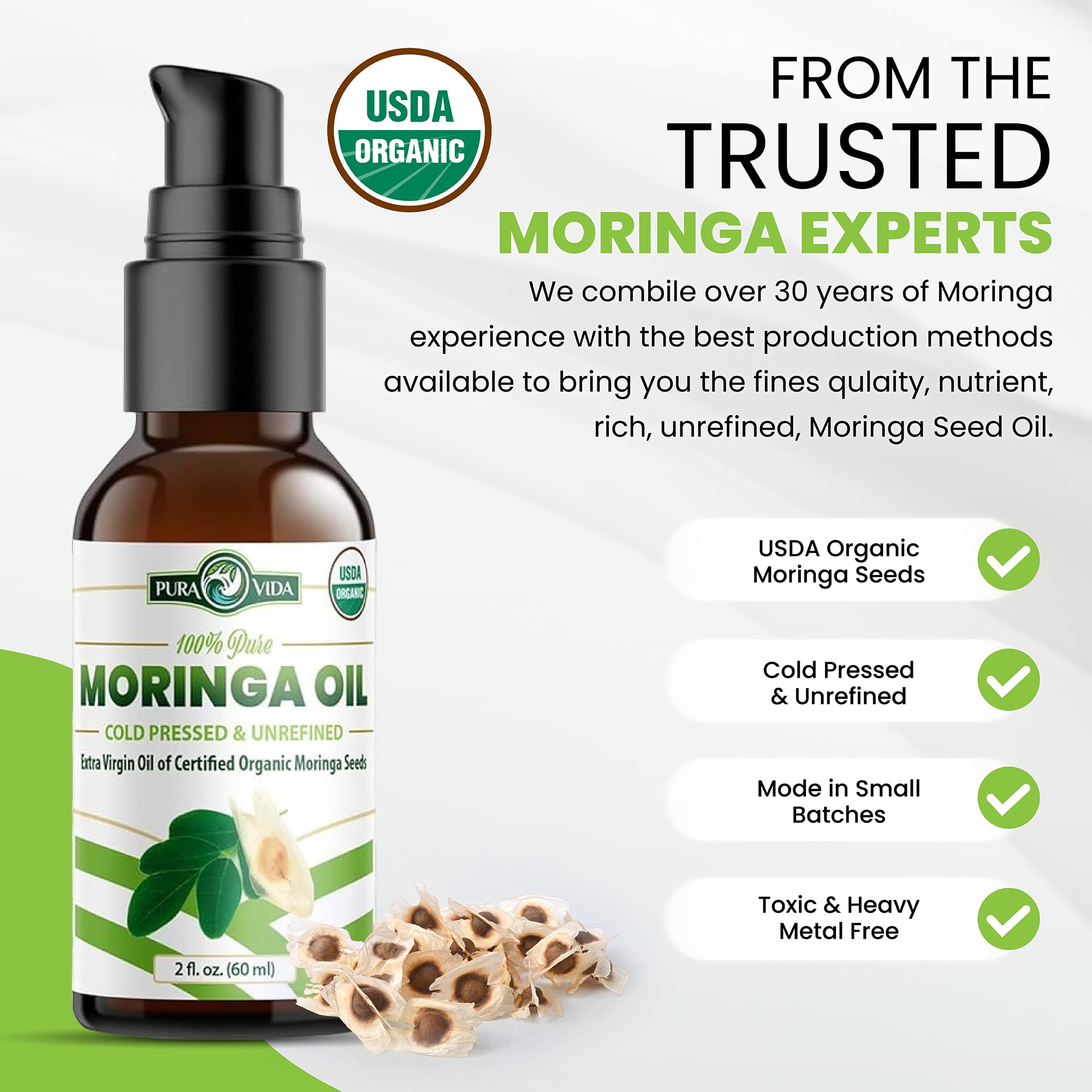 PURA VIDA MORINGA oil labeled as food-grade for potential oral use.