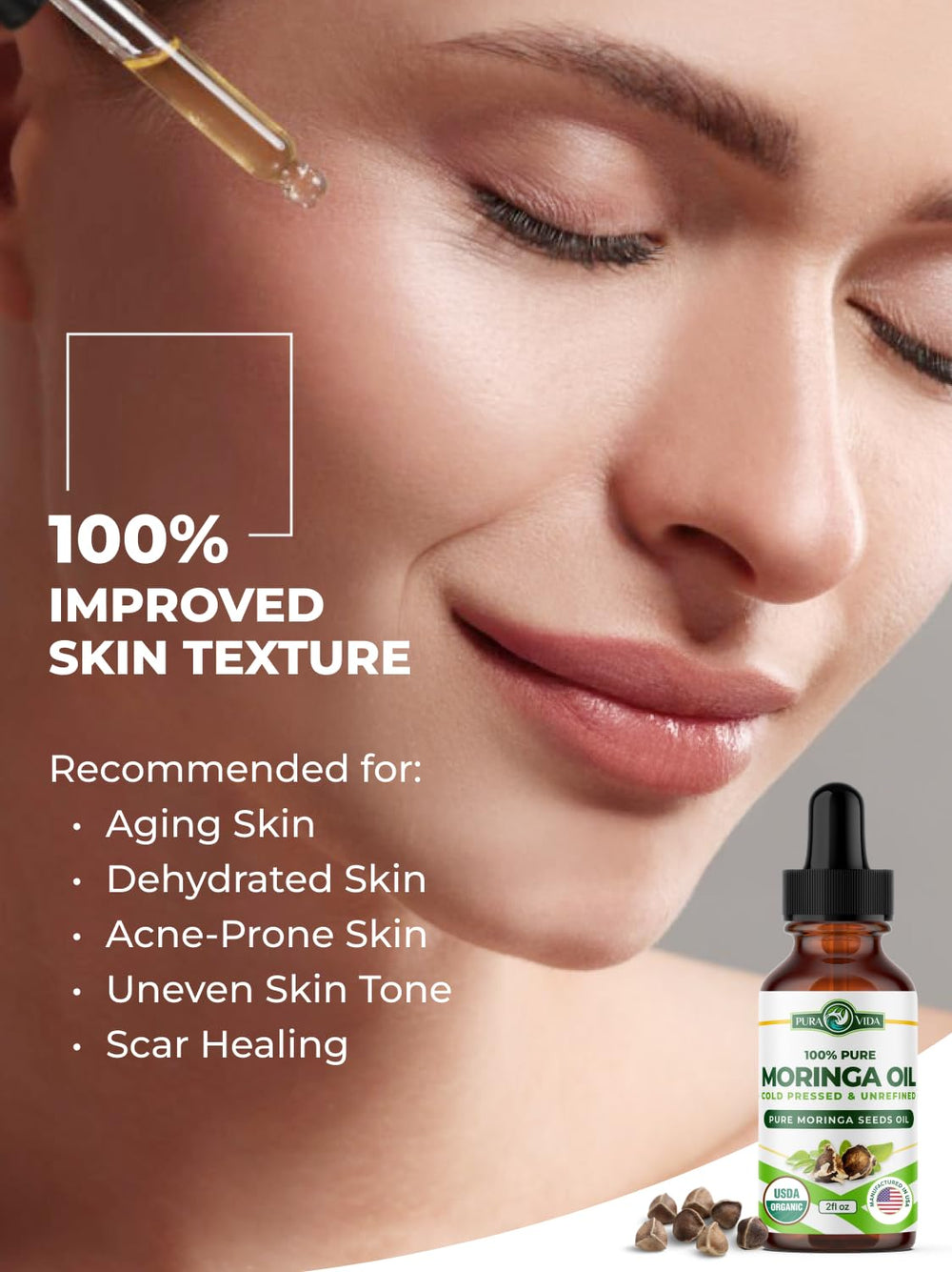 PURA VIDA MORINGA oil packaging with certification and seal.