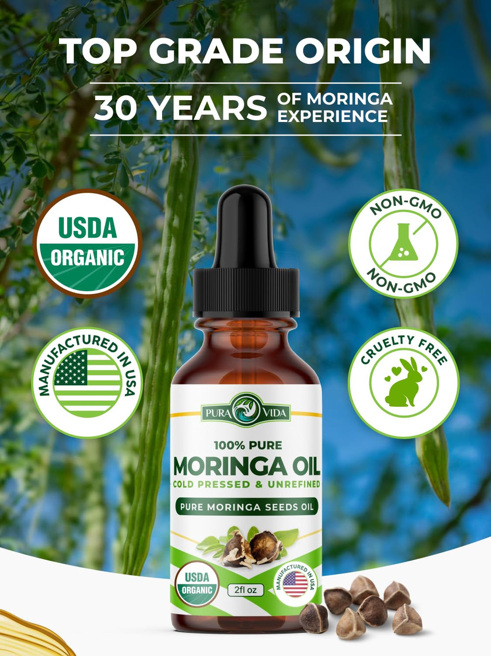 PURA VIDA MORINGA oil texture close-up with rich golden color.