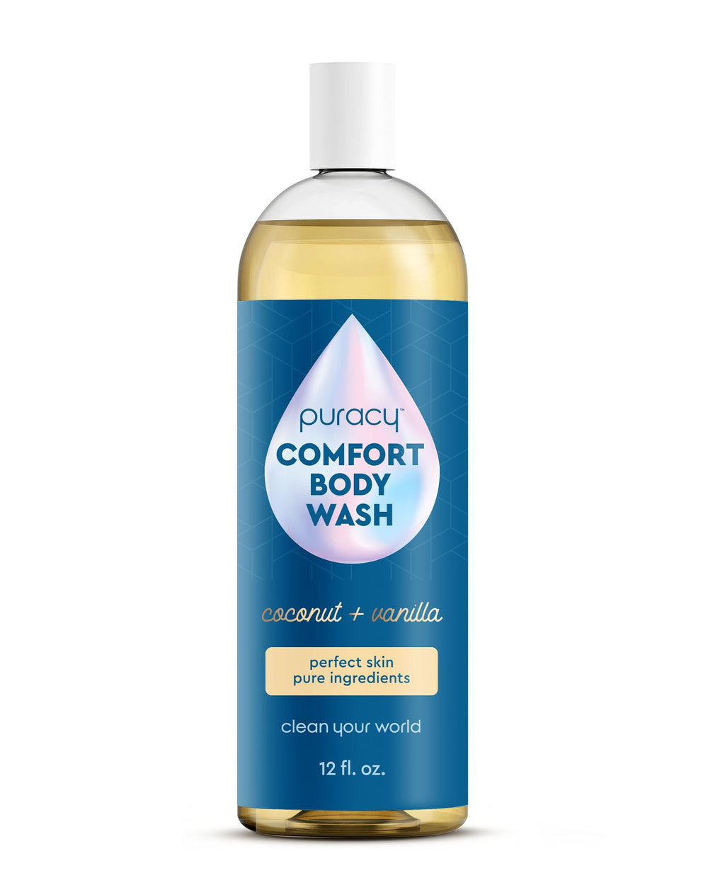 Puracy body wash bottle closeup highlighting natural ingredients for gentle cleansing and moisture.