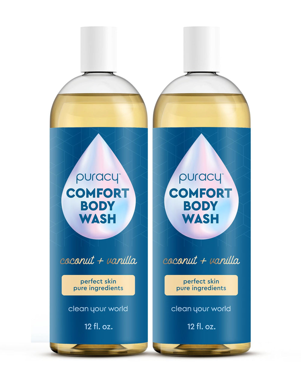 Puracy body wash bottle closeup showing gentle plant-based formula for sensitive skin.