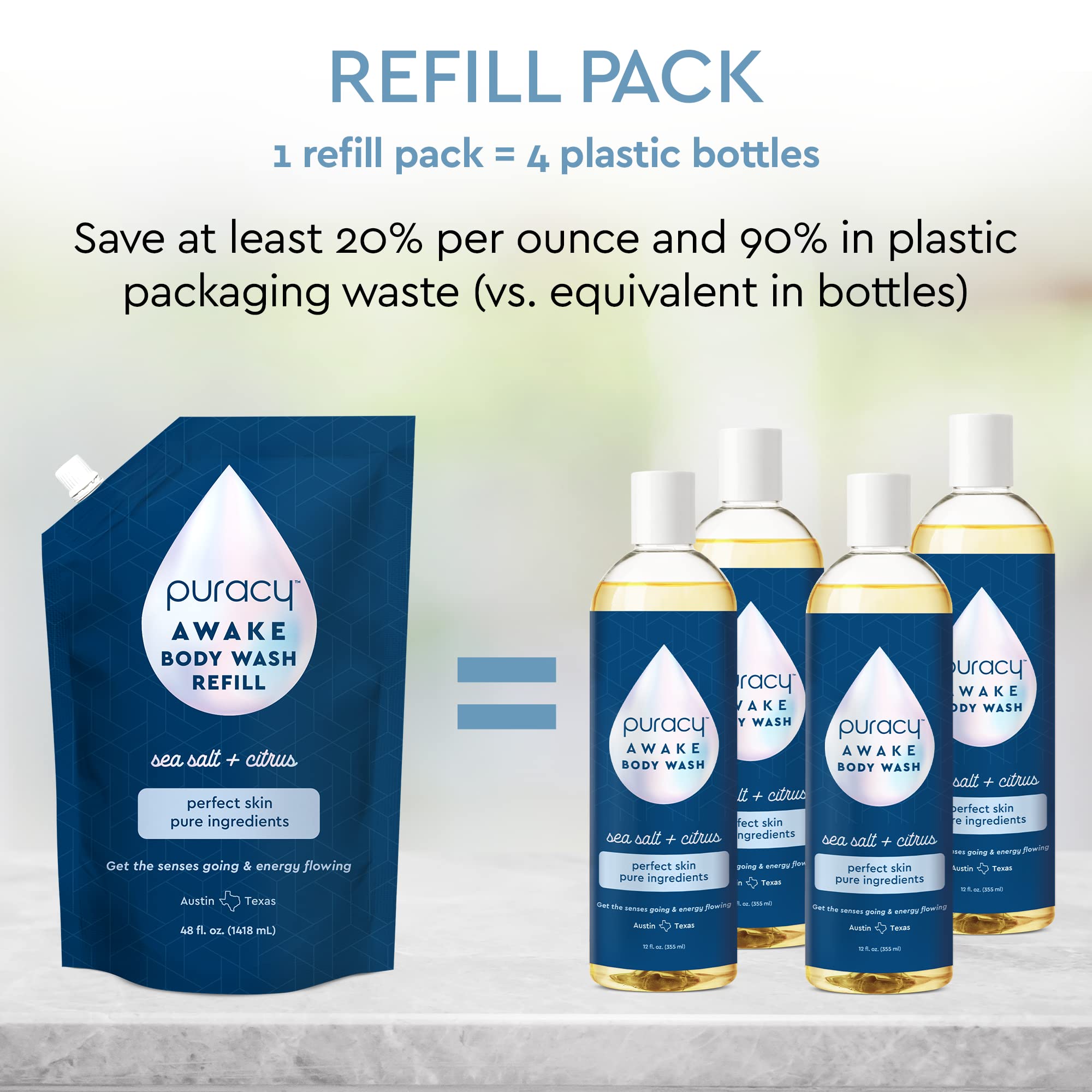 Puracy Body Wash bottle pour highlights plant-powered cleansing