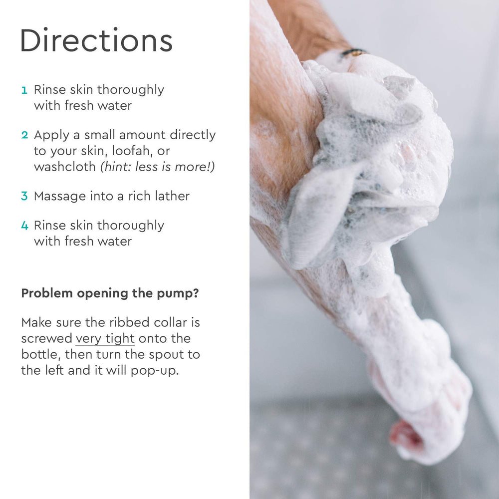 Puracy Body Wash foam on bottle illustrates moisturizing cleanse for all ages