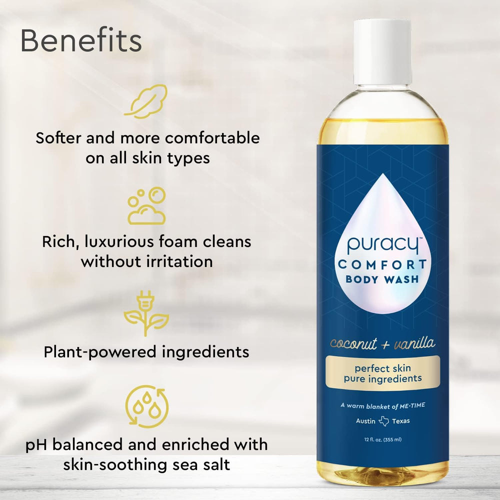 Puracy body wash ingredients spread showing plant-based formula for dry-skin comfort.