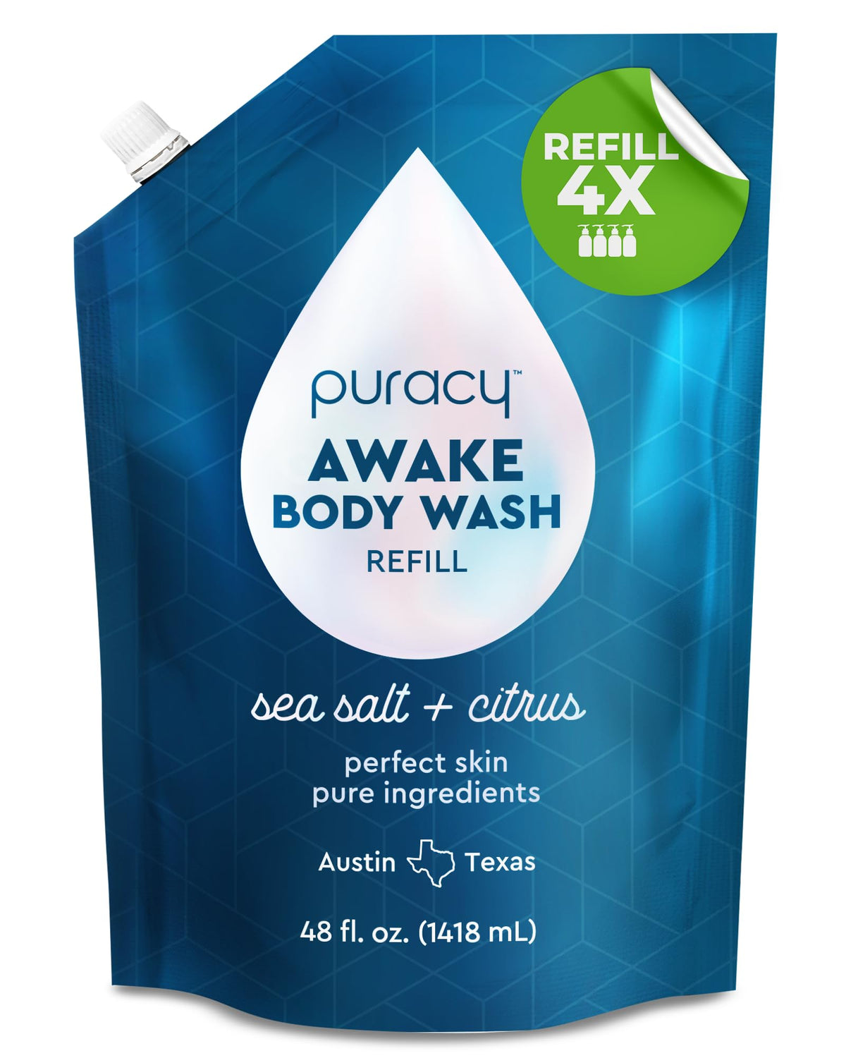 Puracy body wash refill bottle shows clean label for gentle everyday cleansing.