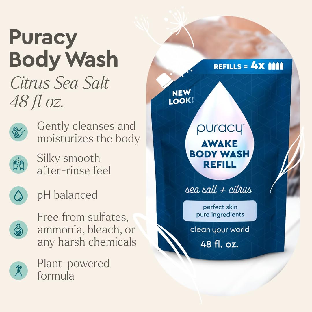 Puracy body wash refill label-front highlight premium plant-powered ingredients for sensitive skin.